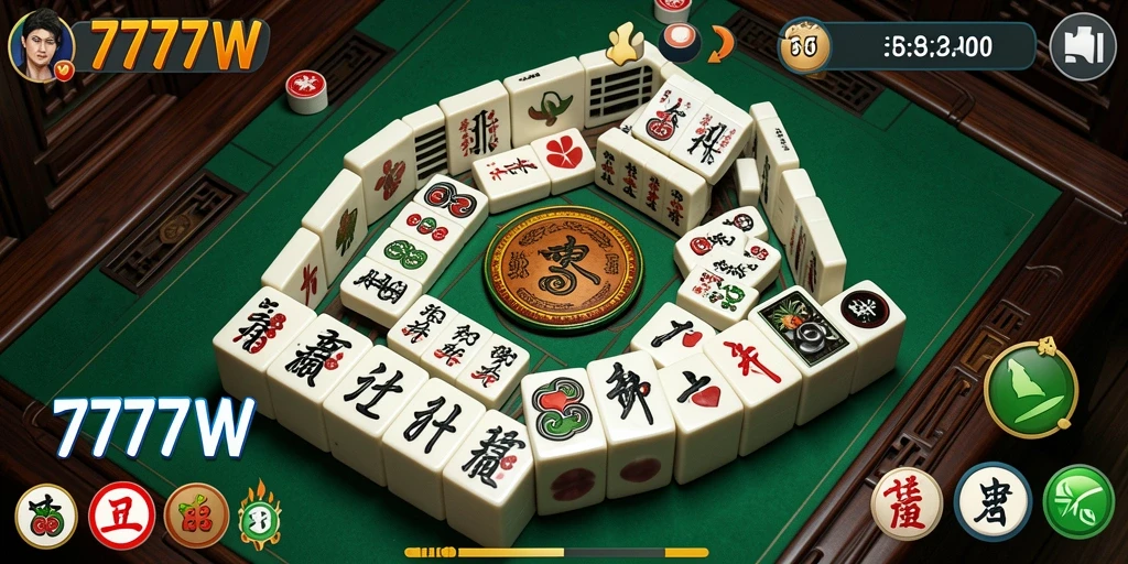 Screenshot permainan 7777W yang menampilkan aksi Mahjong seru.