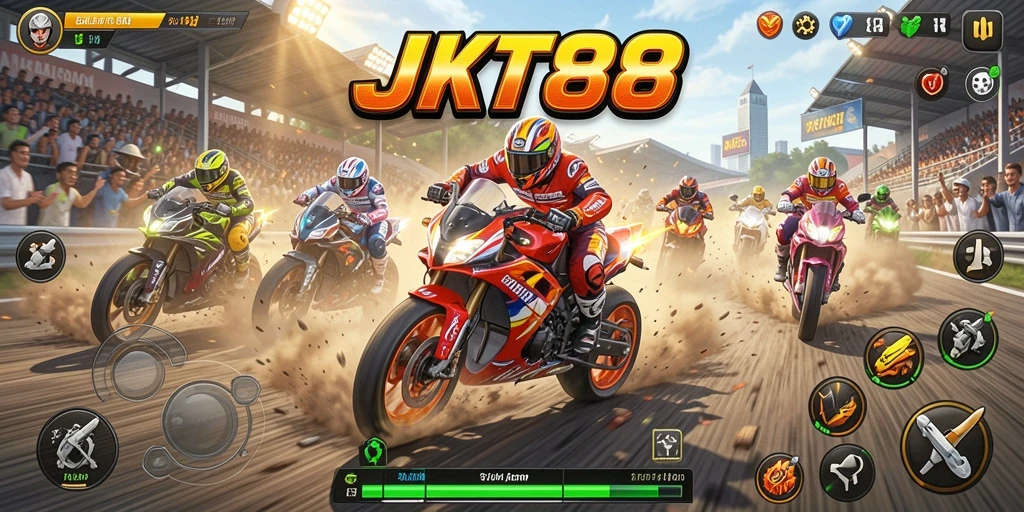 Screenshot gameplay JKT88 yang menampilkan aksi balapan motor yang seru.
