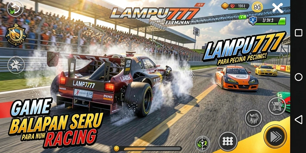 Tampilan gameplay seru dari LAMPU777 saat balapan di trek yang menantang.