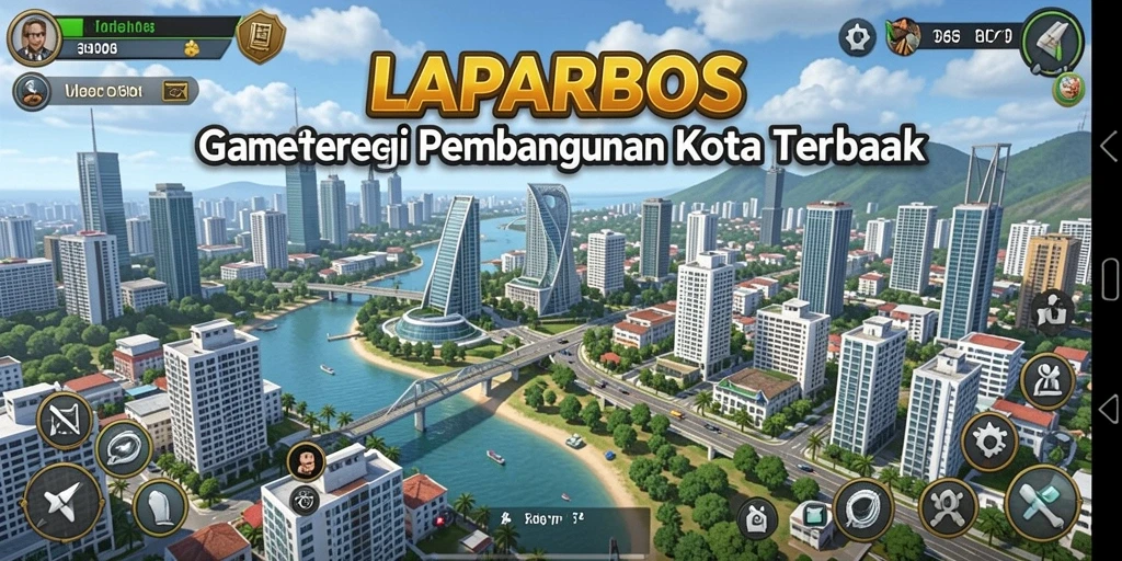 Screenshot gameplay <strong>LAPARBOS</strong> menunjukkan kota yang sedang dibangun dengan elemen strategi.